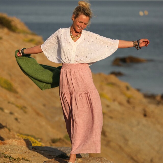 Quintessence - Jupe Sarah – double gaze de coton rose boisé tie & die