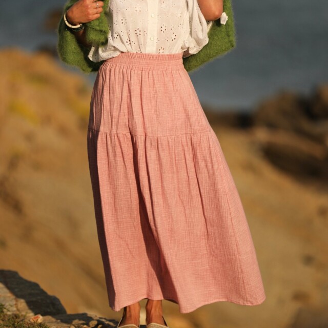 Quintessence - Jupe Sarah - double gaze de coton rose boisé tie & die