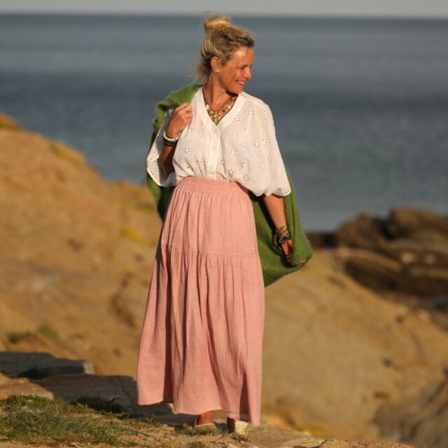 Quintessence - Jupe Sarah - double gaze de coton rose boisé tie & die