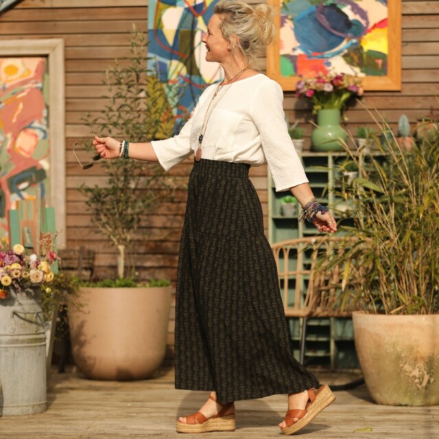 Quintessence - Jupe Sarah - viscose batik noir/kaki