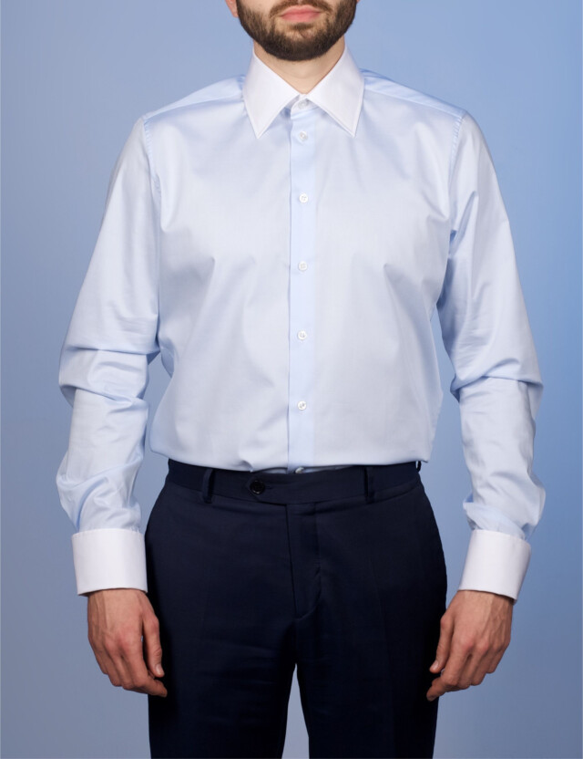 - Chemise Virtuose Bleu Ciel/Blanche - Col Français & Poignets Napolitains
