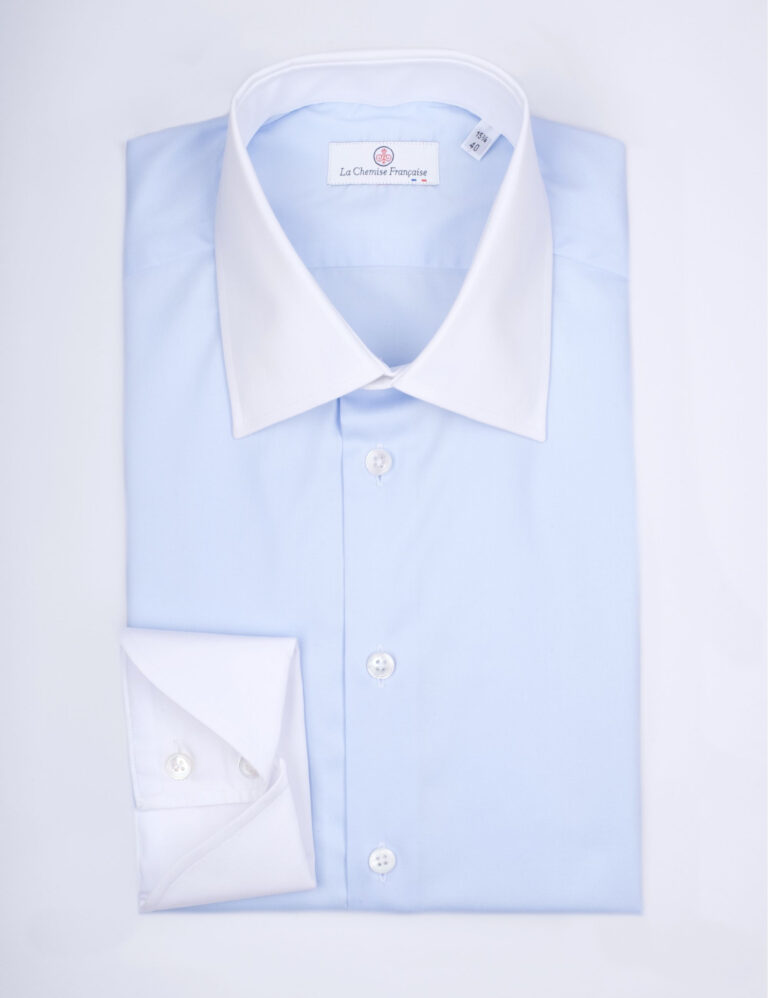 - Chemise Virtuose Bleu Ciel/Blanche - Col Français & Poignets Napolitains