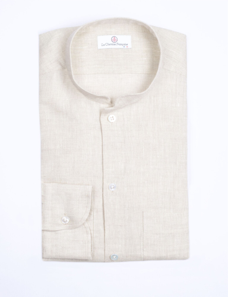La Chemise Française - Chemise Lin Normand Beige Sable  - Col Mao