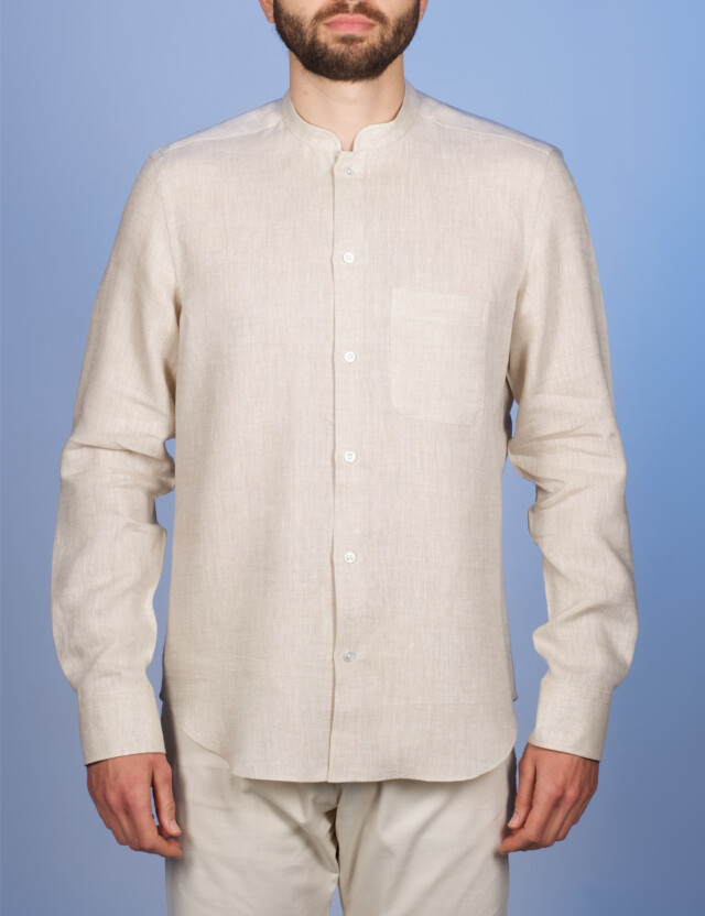 La Chemise Française - Chemise Lin Normand Beige Sable  - Col Mao