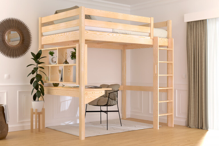 ABC MEUBLES - Lit en hauteur 1 place bois Sylvia 120x200 échelle droite