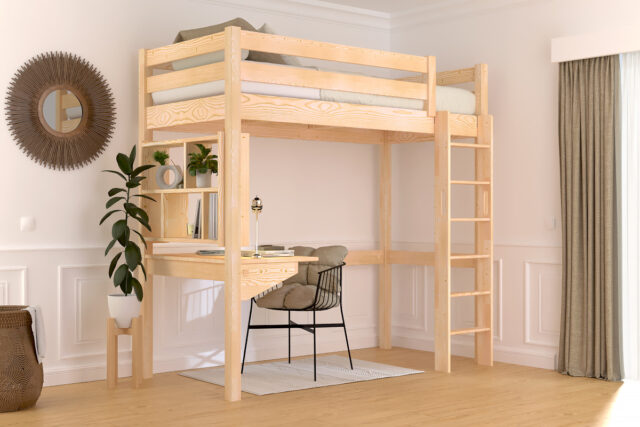 ABC MEUBLES - Lit en hauteur 1 place bois Sylvia 90x200 échelle droite