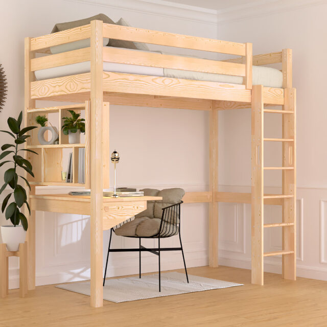 ABC MEUBLES - Lit en hauteur 1 place bois Sylvia 90x200 échelle droite