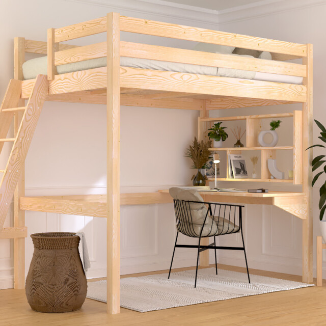 ABC MEUBLES - Lit mezzanine 1 place bois Sylvia 120x200 échelle inclinée