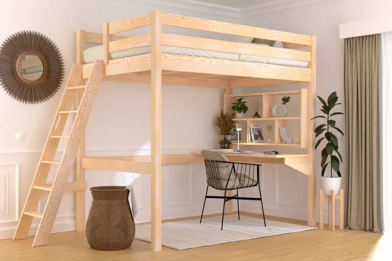 ABC MEUBLES - Lit mezzanine 1 place bois Sylvia 120x200 échelle inclinée