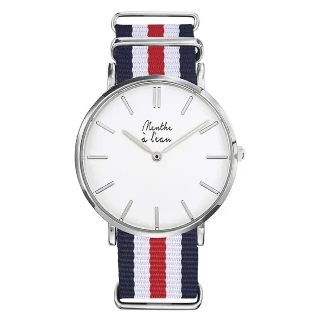 Menthe à l’eau - Montre Homme La Résistante bracelet nato bleu/blanc/rouge fine chromée