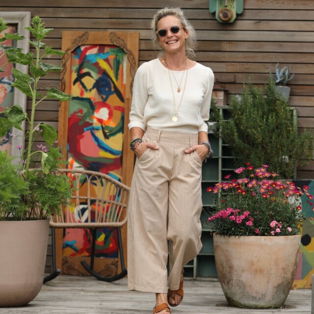 Quintessence - Pantalon Alex - Toile de coton rayée camel/blanc