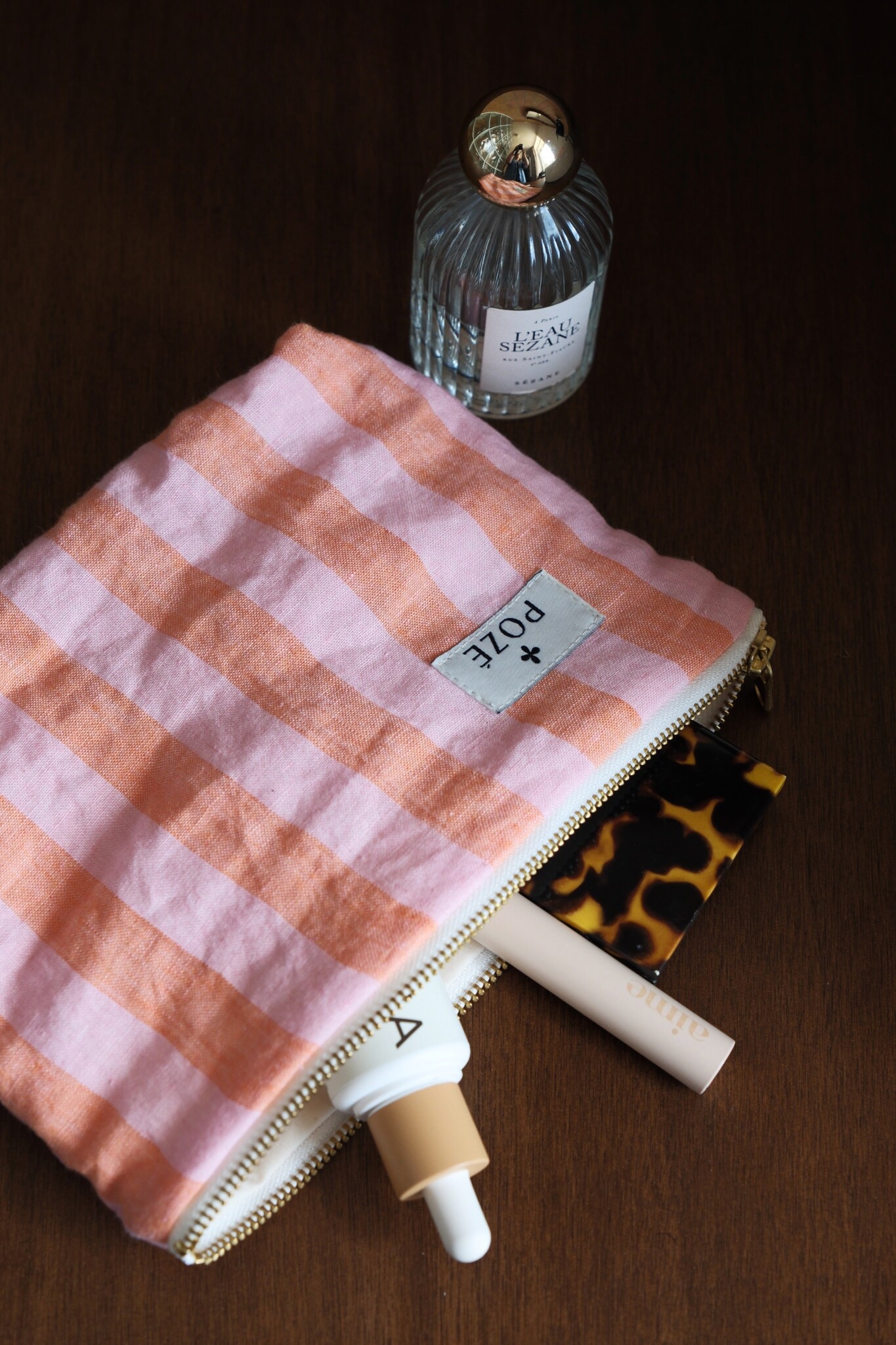 Trousse de toilette écru rayure rose main image 0