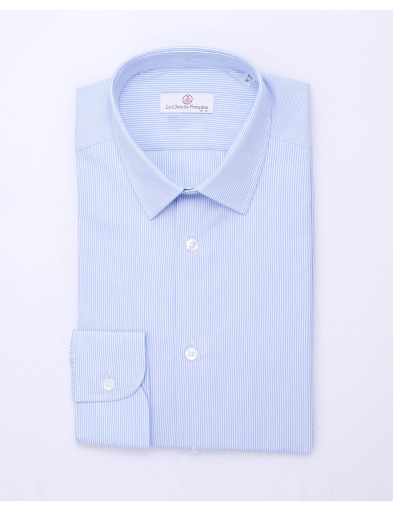 La Chemise Française - Chemise Rayure Bâton Bleu 2mm - Petit Col Français - Coupe Ajustée