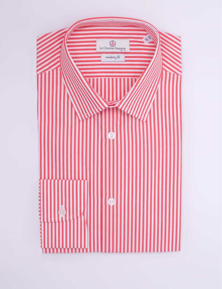 La Chemise Française - Chemise Rayure Bâton Rouge 3mm - Petit Col Français - Coupe Ajustée