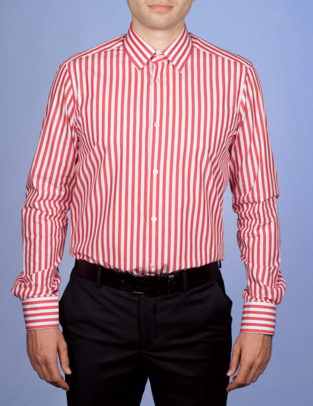 La Chemise Française - Chemise Rayure Bâton Rouge 7mm - Petit Col Français - Coupe Ajustée