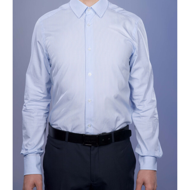 La Chemise Française - Chemise Rayure Bâton Bleu 2mm - Petit Col Français - Coupe Ajustée