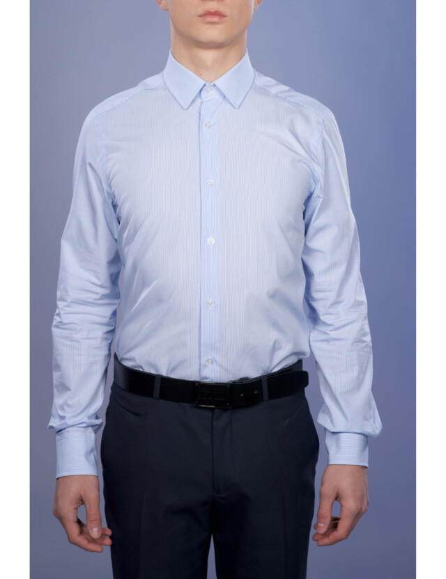 La Chemise Française - Chemise Rayure Bâton Bleu 2mm - Petit Col Français - Coupe Ajustée