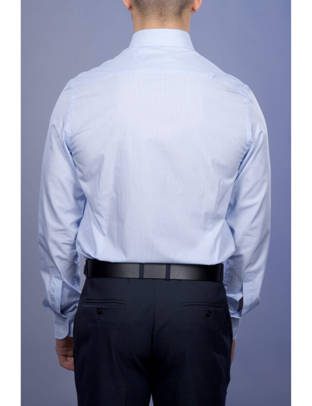 La Chemise Française - Chemise Rayure Bâton Bleu 2mm - Petit Col Français - Coupe Ajustée