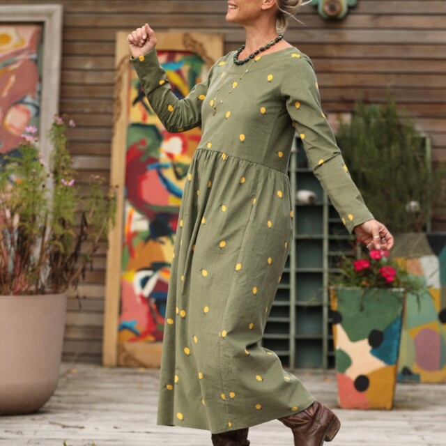 Quintessence - Robe Anaëlle - Velours kaki Citronné