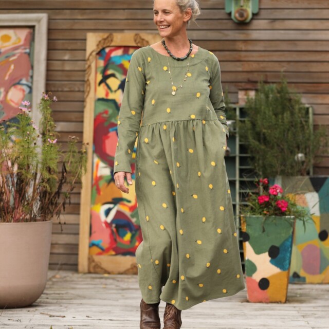 Quintessence - Robe Anaëlle - Velours kaki Citronné