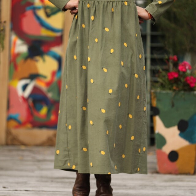 Quintessence - Robe Anaëlle - Velours kaki Citronné