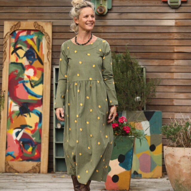 Quintessence - Robe Anaëlle - Velours kaki Citronné