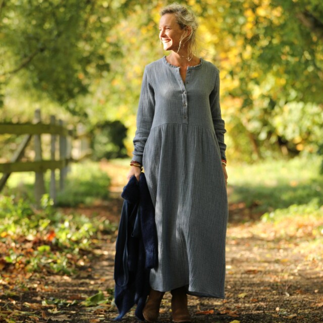 Quintessence - Robe Aurélia – Double gaze de coton bleu chiné