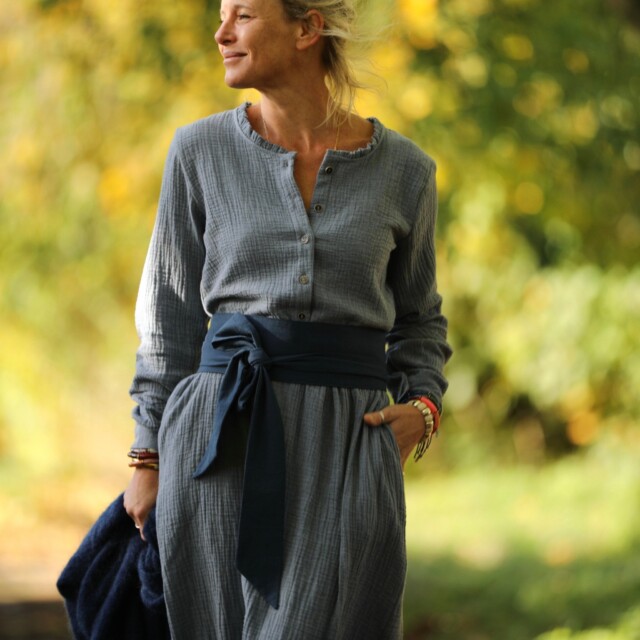 Quintessence - Robe Aurélia - Double gaze de coton bleu chiné