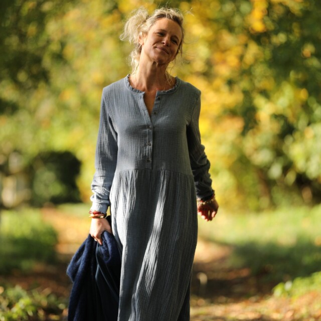 Quintessence - Robe Aurélia - Double gaze de coton bleu chiné