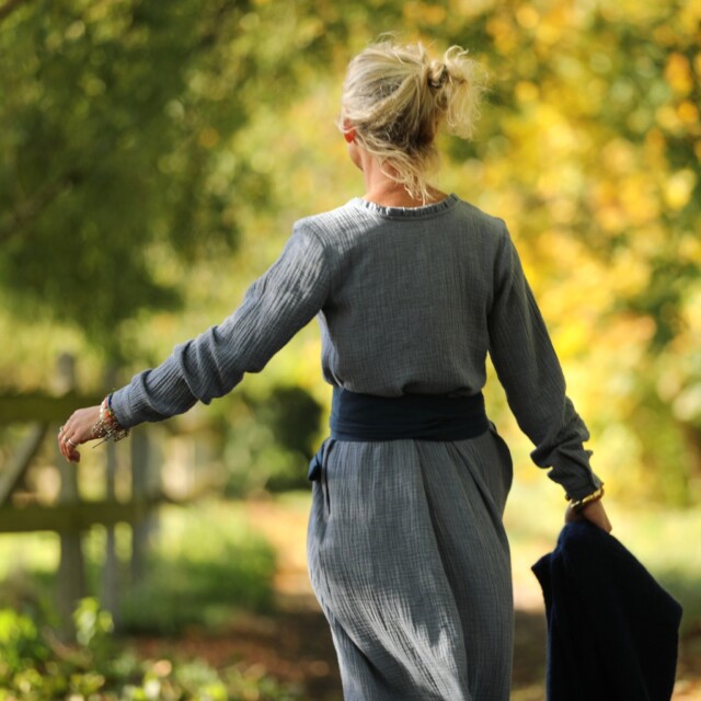 Quintessence - Robe Aurélia - Double gaze de coton bleu chiné