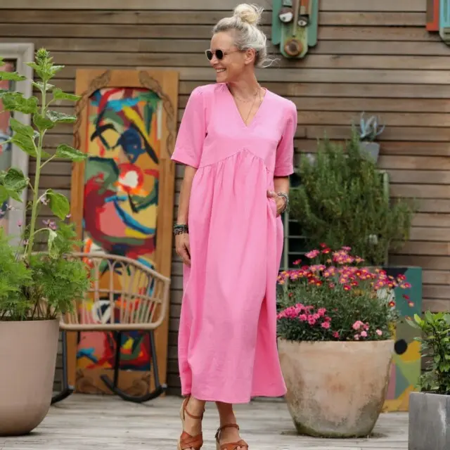 Quintessence - Robe Edonie – bel armuré de coton rose fluo
