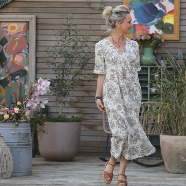 Quintessence - Robe Edonie - double gaze de coton rouge gorge écru/kaki