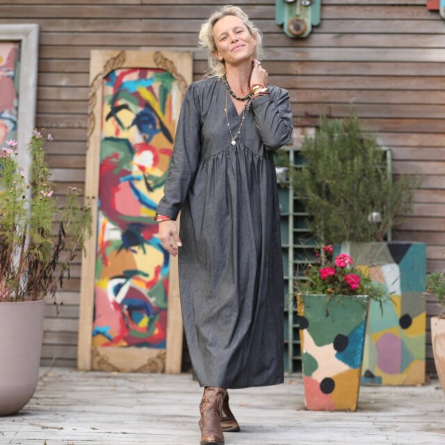 Quintessence - Robe Edonie manches longues - jean noir