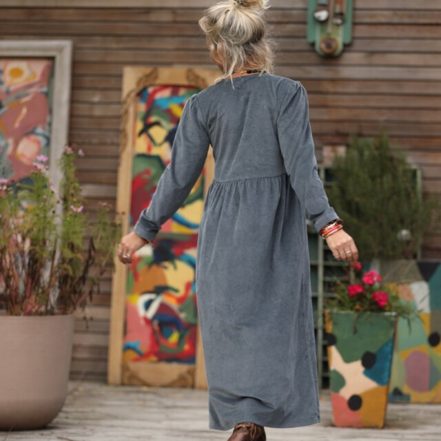 Quintessence - Robe Edonie manches longues - Velours côtelé bleu grisé
