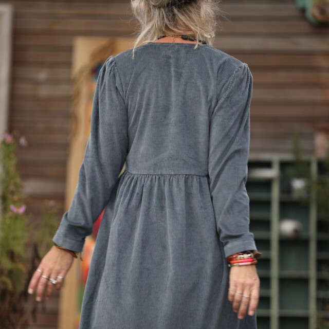 Quintessence - Robe Edonie manches longues - Velours côtelé bleu grisé