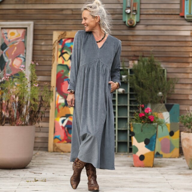 Quintessence - Robe Edonie manches longues - Velours côtelé bleu grisé