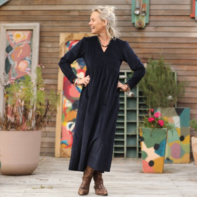 Quintessence - Robe Edonie manches longues - Velours côtelé marine