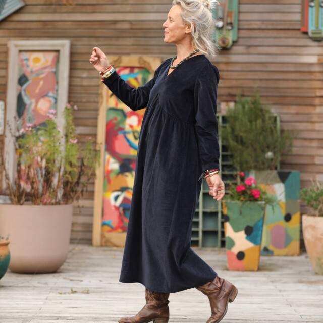 Quintessence - Robe Edonie manches longues - Velours côtelé marine