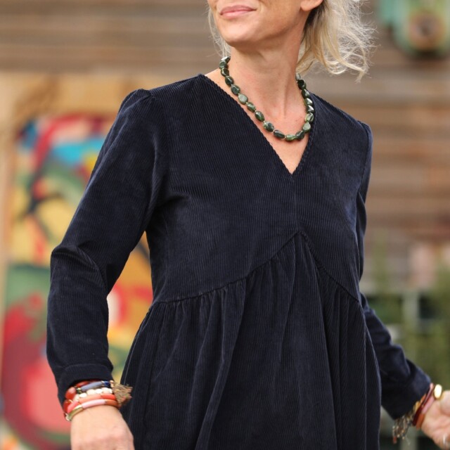 Quintessence - Robe Edonie manches longues - Velours côtelé marine
