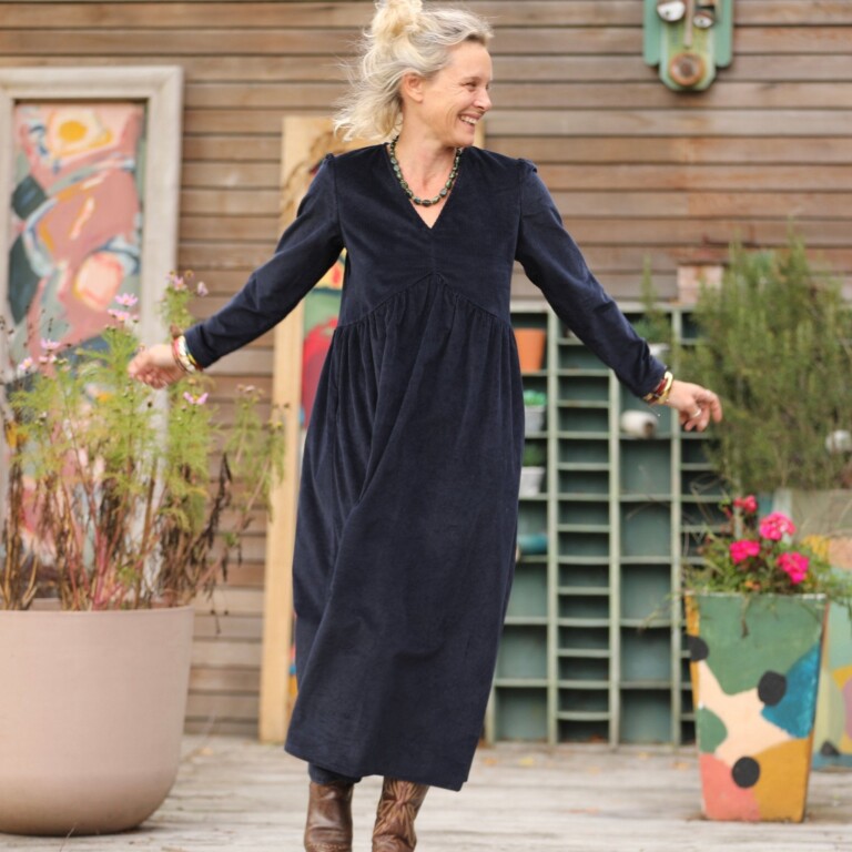 Quintessence - Robe Edonie manches longues - Velours côtelé marine