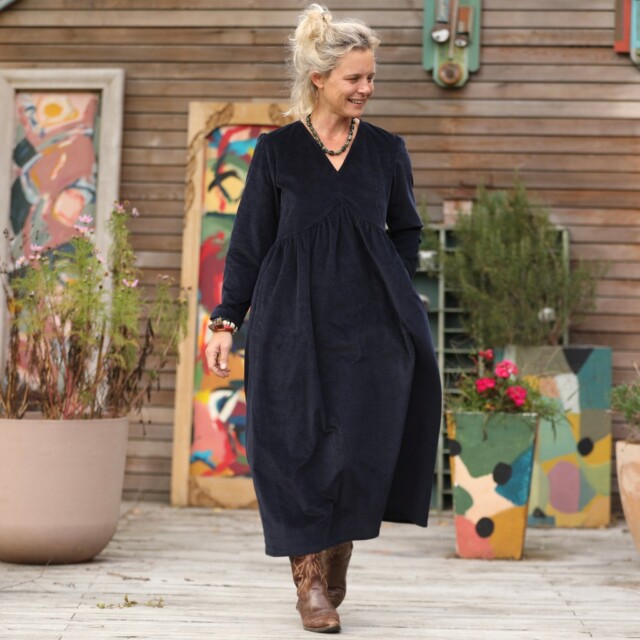 Quintessence - Robe Edonie manches longues - Velours côtelé marine