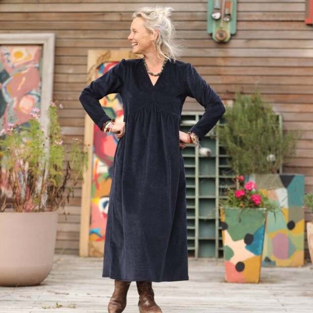 Quintessence - Robe Edonie manches longues - Velours côtelé marine