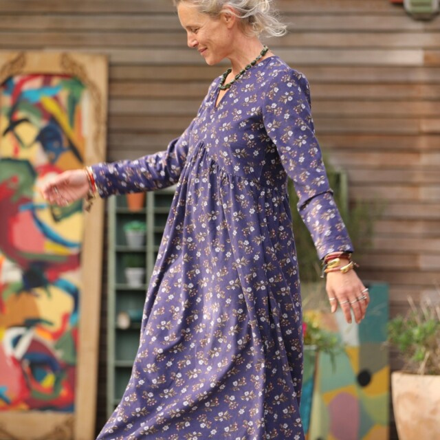 Quintessence - Robe Edonie manches longues - Velours milleraies Éclats de myosotis