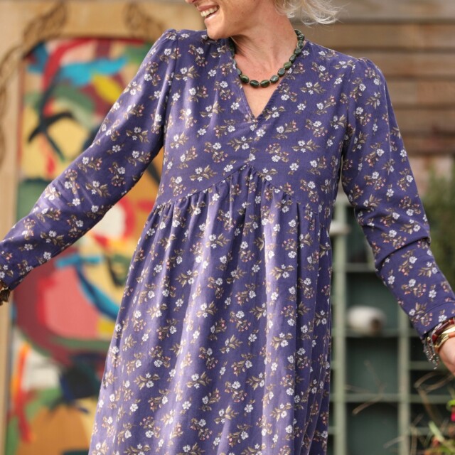 Quintessence - Robe Edonie manches longues - Velours milleraies Éclats de myosotis