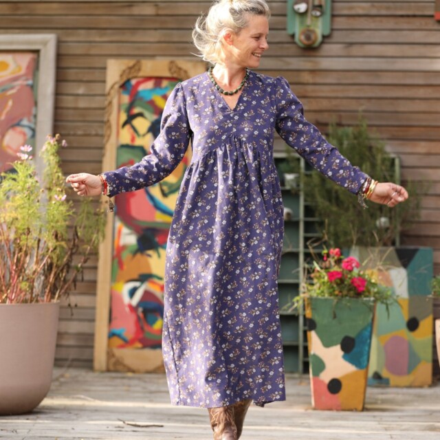 Quintessence - Robe Edonie manches longues - Velours milleraies Éclats de myosotis