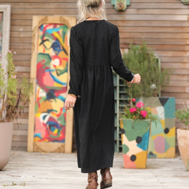 Quintessence - Robe Edonie manches longues - Velours milleraies noir