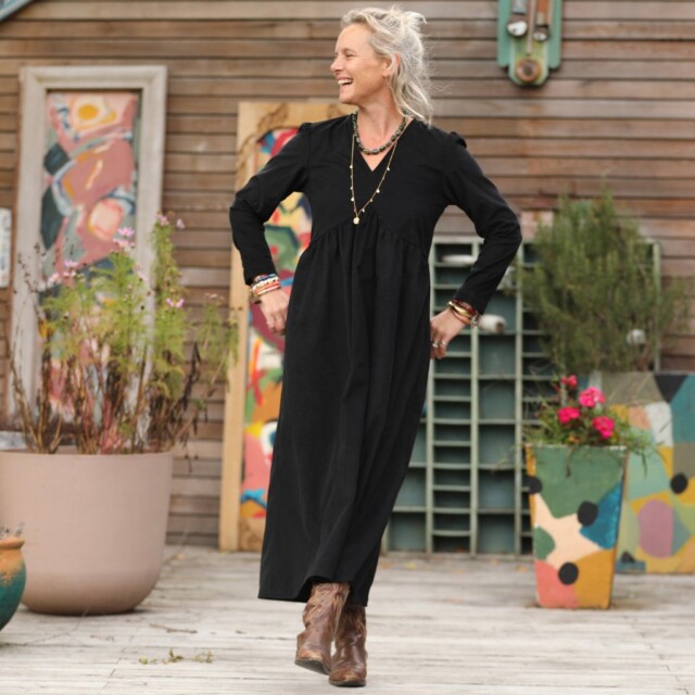 Quintessence - Robe Edonie manches longues - Velours milleraies noir