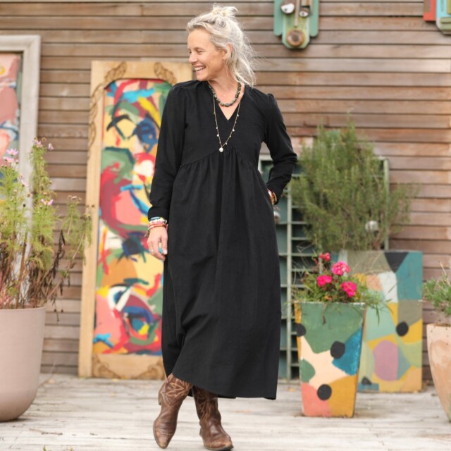 Quintessence - Robe Edonie manches longues - Velours milleraies noir