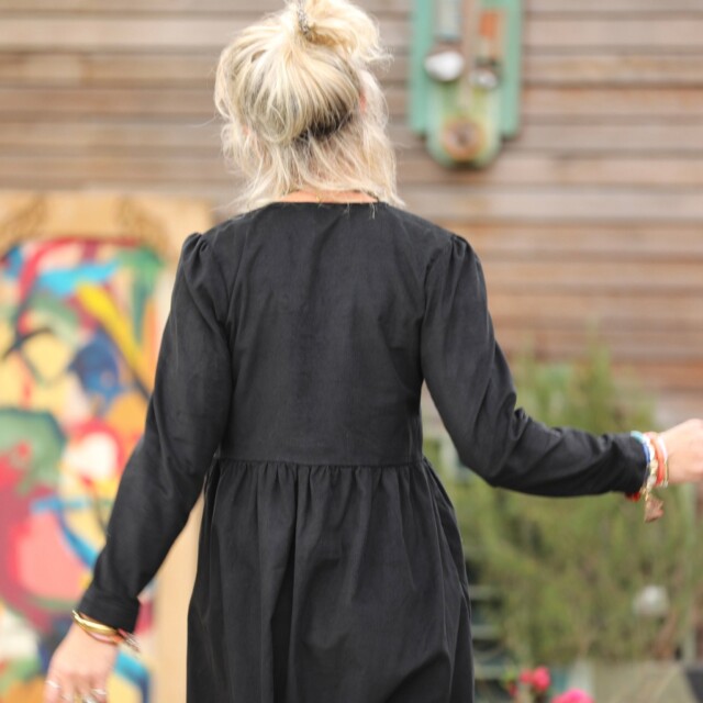Quintessence - Robe Edonie manches longues - Velours milleraies noir