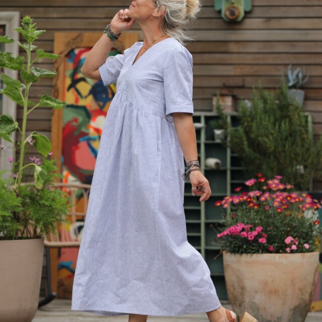 Quintessence - Robe Edonie - rayure lin/coton bleu